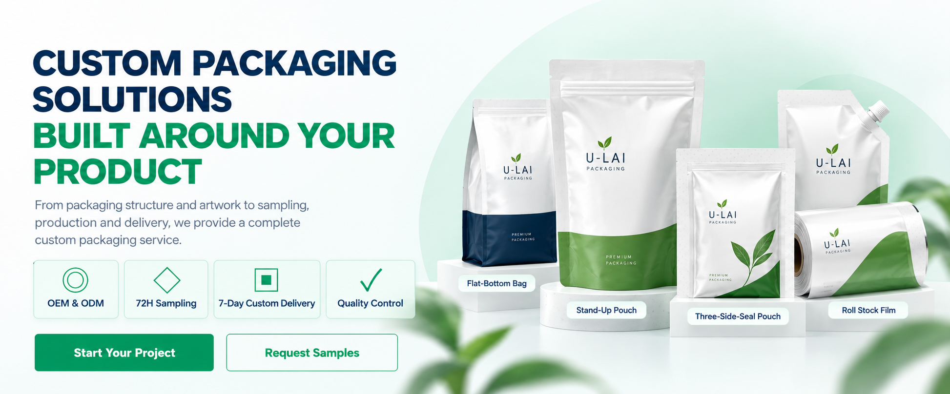 Custom packaging solutions with flat-bottom bags, stand-up pouches, three-side-seal pouches, spout pouches and roll stock film