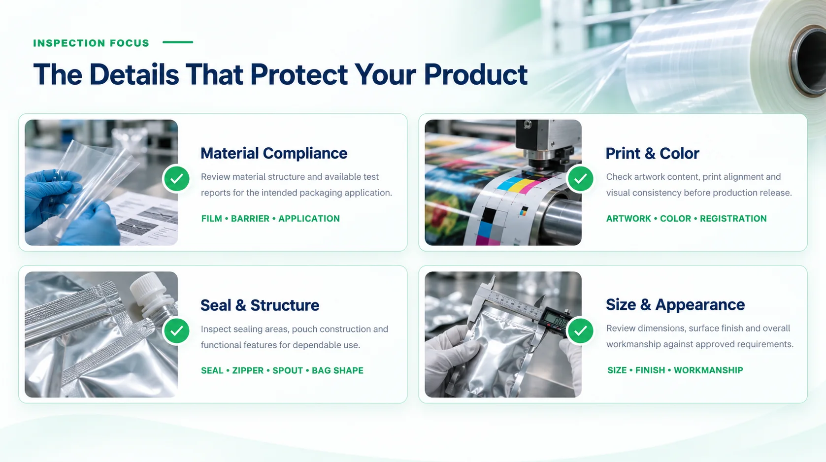 Inspection focus for material, print, seal, size and appearance quality